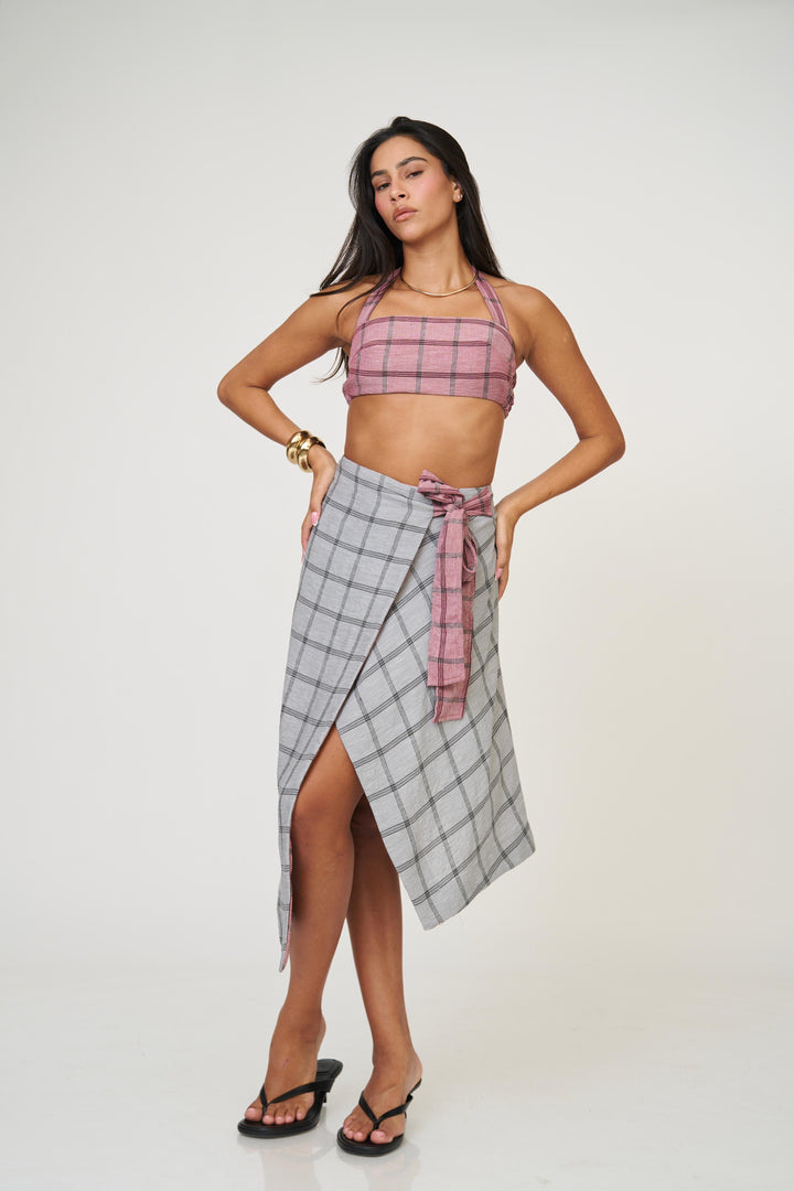 חצאית אנה משבצות - בז