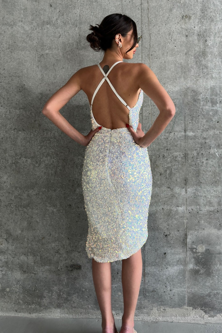 ⁨שמלת כתפיות פייטים מולי - לבן⁩