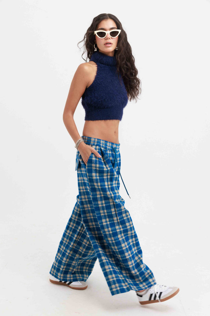 מכנסי סטיב משובצים - כחול