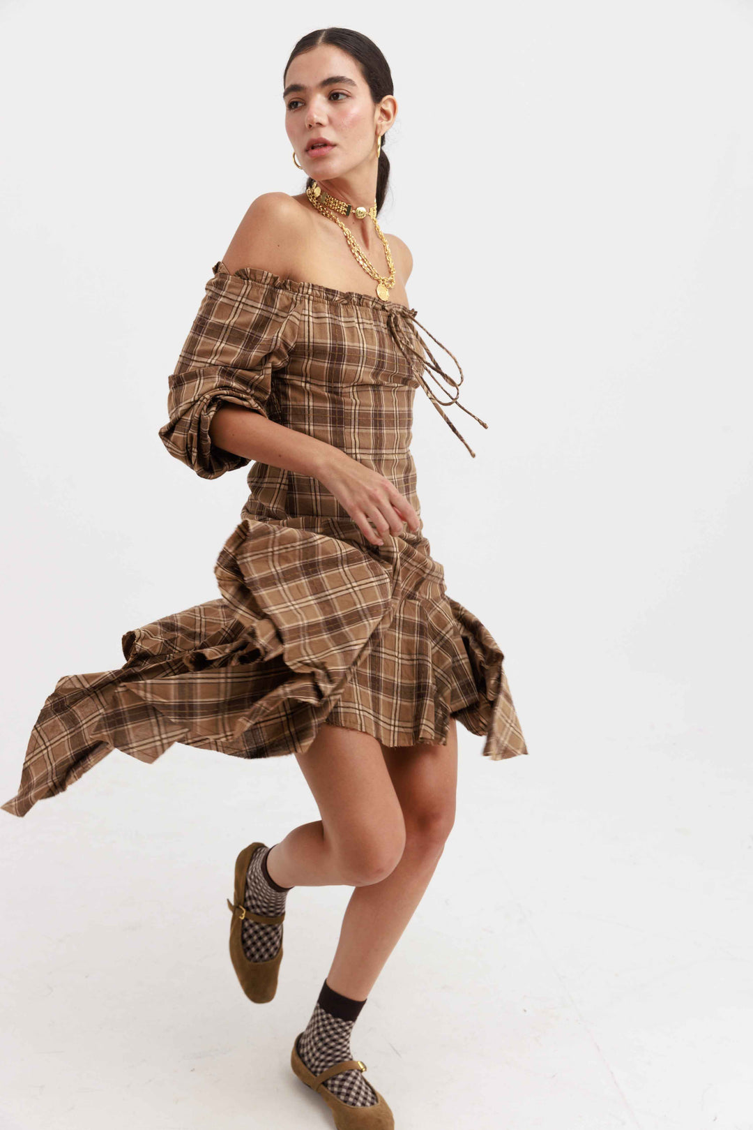 שמלת אדריאנה משבצות - שחור