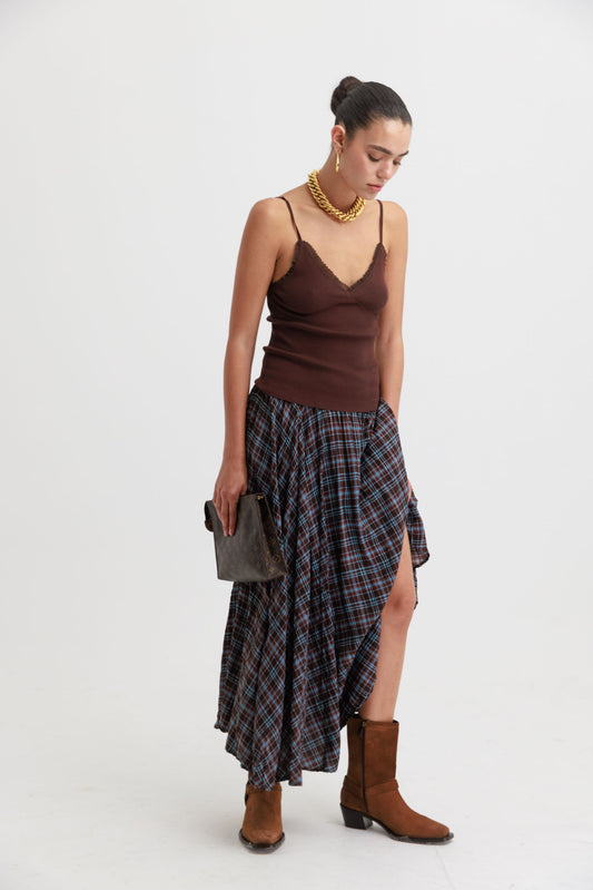 חצאית משבצות שיילי- חום תכלת