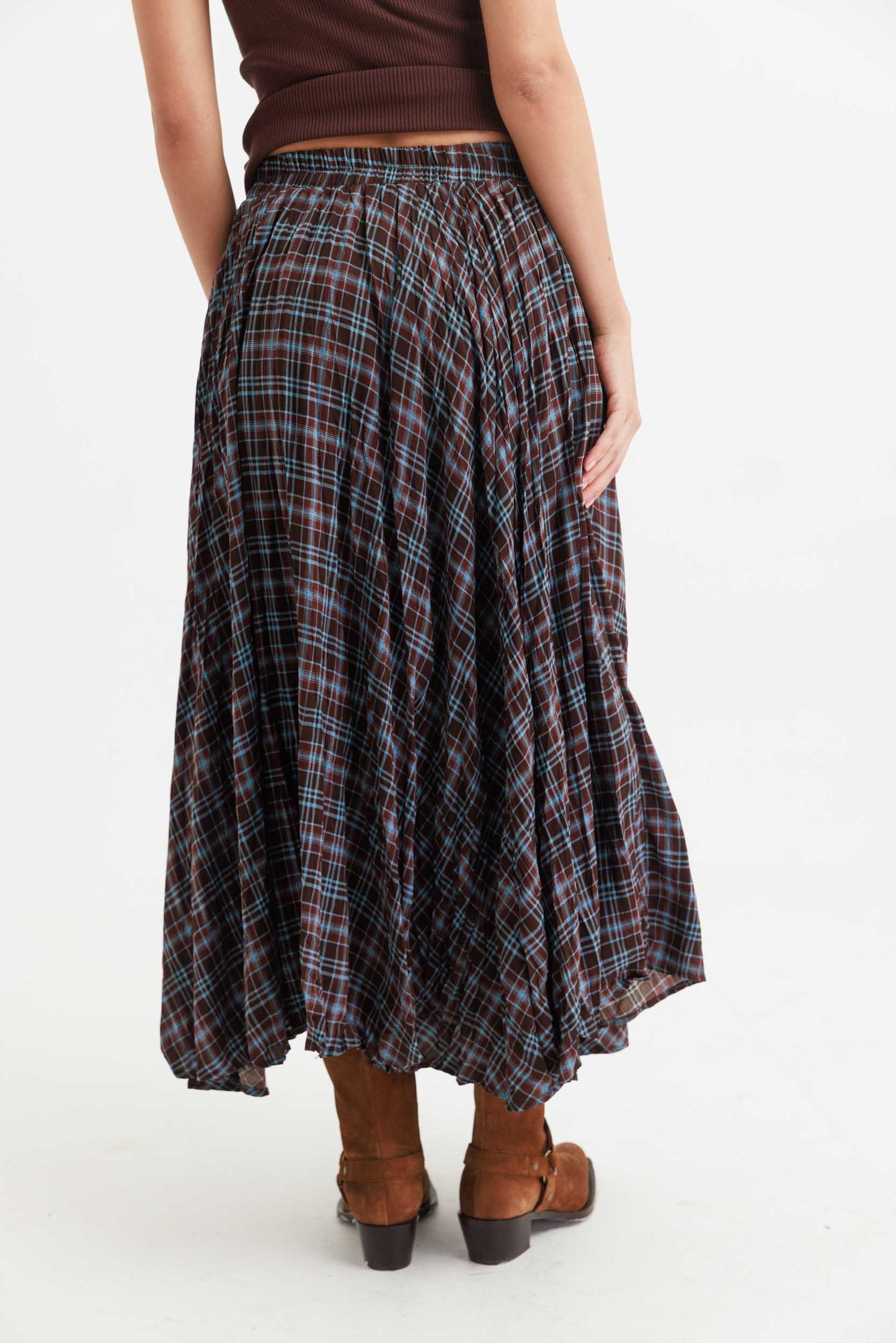 חצאית משבצות שיילי- חום תכלת