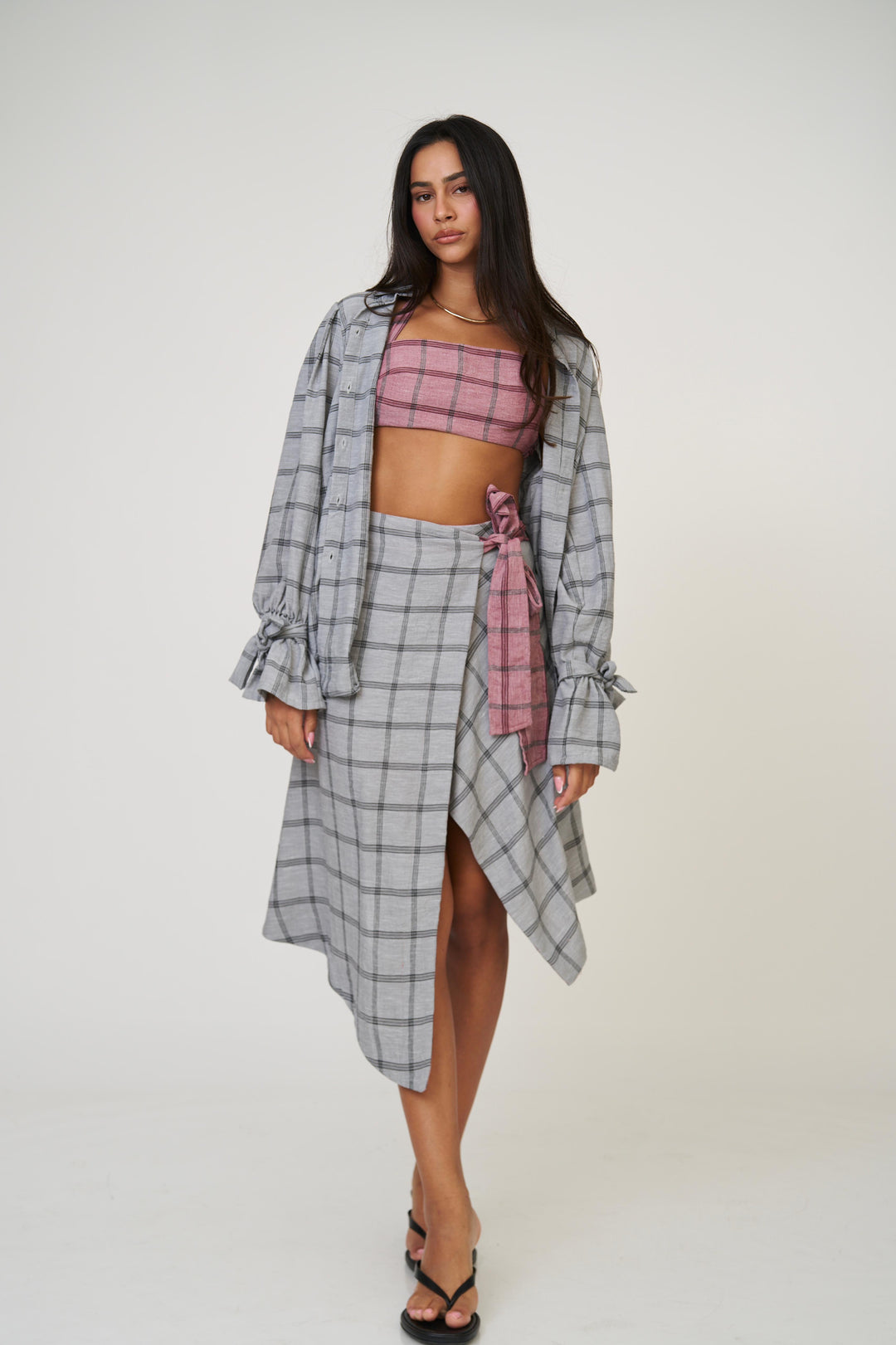 חצאית אנה משבצות - בז