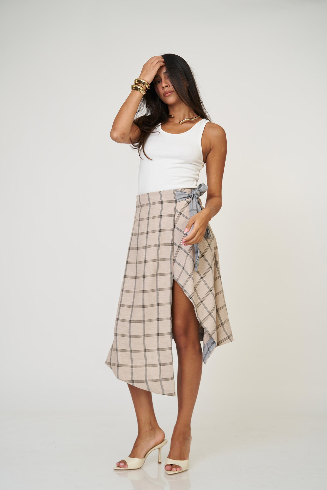 חצאית אנה משבצות - בז