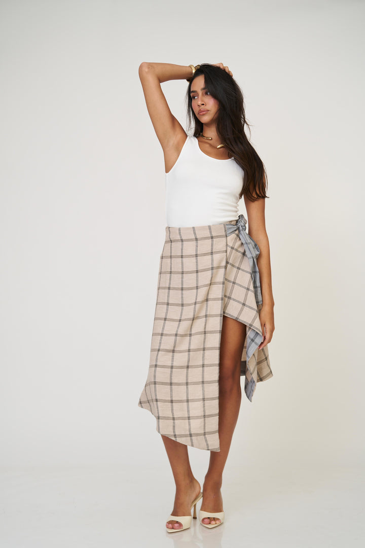 חצאית אנה משבצות - בז