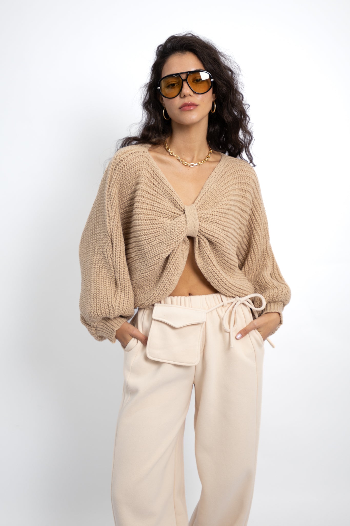 מכנסי טרנינג עם חגורת כיס - אפור מלנג